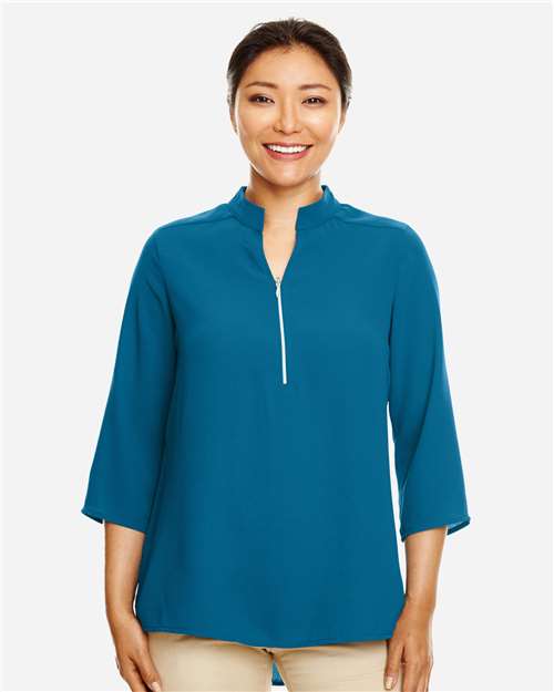 Front View of Dark Teal Women's Perfect Fit™  Three-Quarter Sleeve Crepe Tunic - DP611W