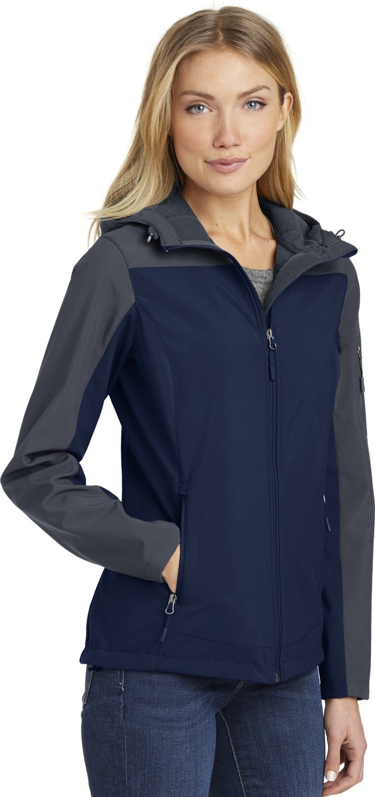 DB Nvy/Bat Gry Port Authority Women's Hooded Core Soft Shell Jacket. L335