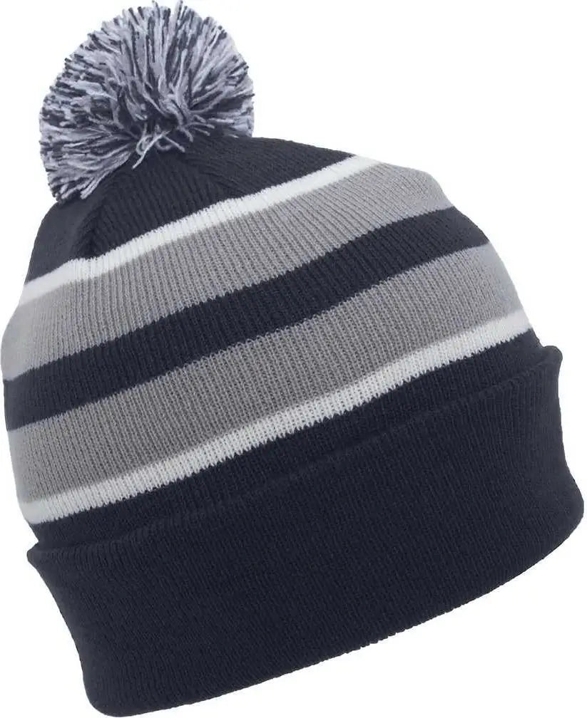 Pacific Headwear 641k Pom-pom Cuff Beanie - Navy Silver White - Light Gray / 7’’ - 7 7/8’’
