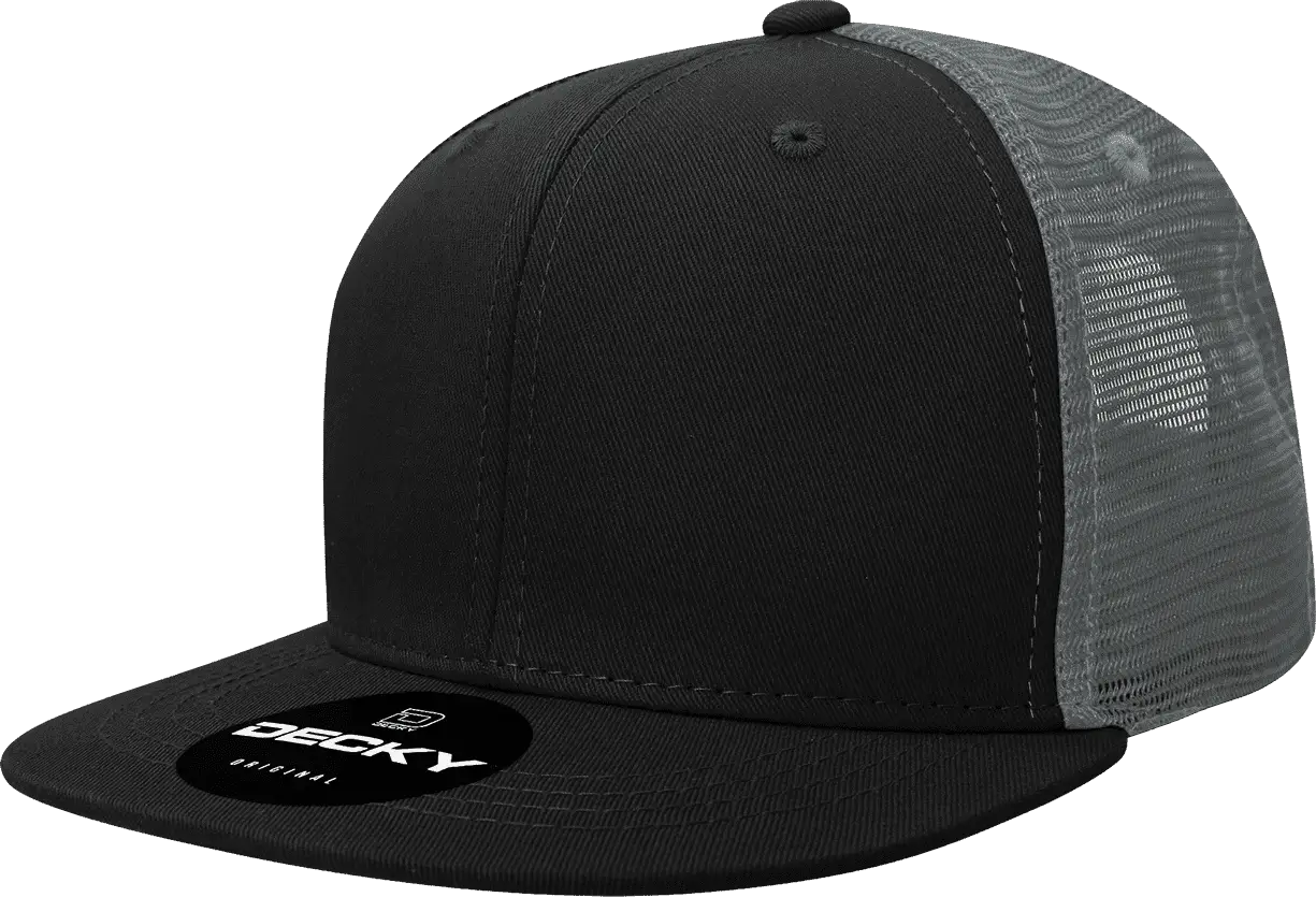 Decky 1052 6 Panel Flat Bill Trucker Cap - Black Charcoal