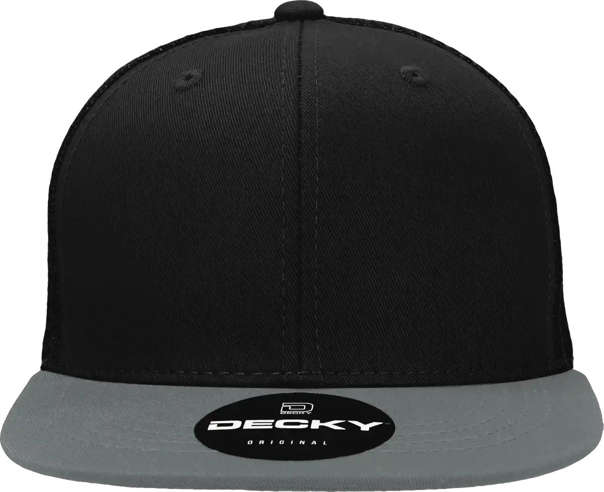 Decky 1052 6 Panel Flat Bill Trucker Cap - Black Dark Gray - one Size Fits Most