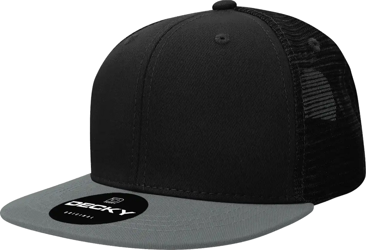 Decky 1052 6 Panel Flat Bill Trucker Cap - Black Dark Gray - one Size Fits Most