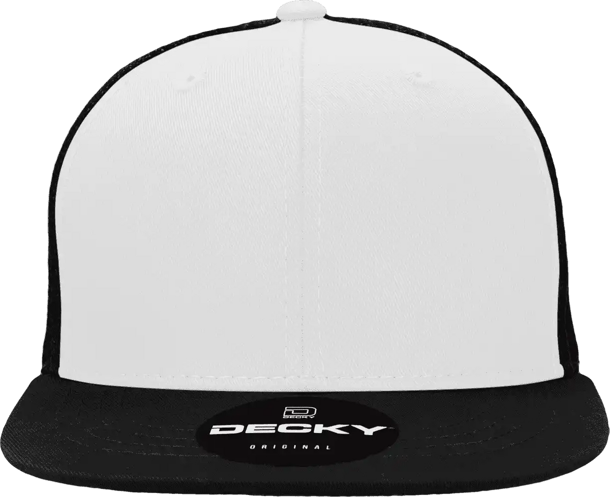 Decky 1052 6 Panel Flat Bill Trucker Cap Black White / one Size Fits Most