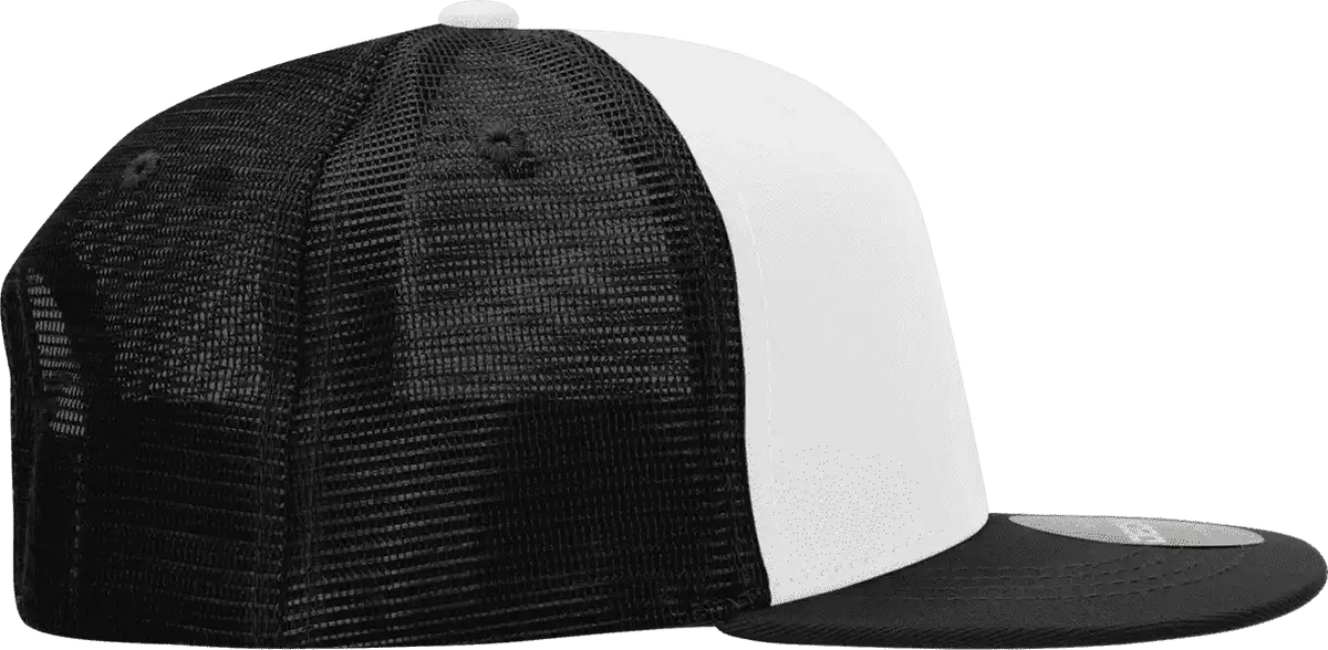 Decky 1052 6 Panel Flat Bill Trucker Cap Black White / one Size Fits Most