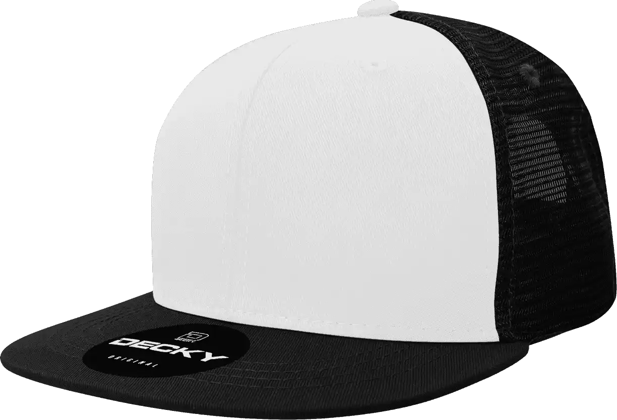 Decky 1052 6 Panel Flat Bill Trucker Cap - Black White - one Size Fits Most