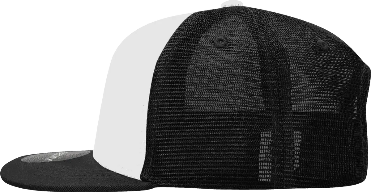 Decky 1052 6 Panel Flat Bill Trucker Cap - Black White - one Size Fits Most