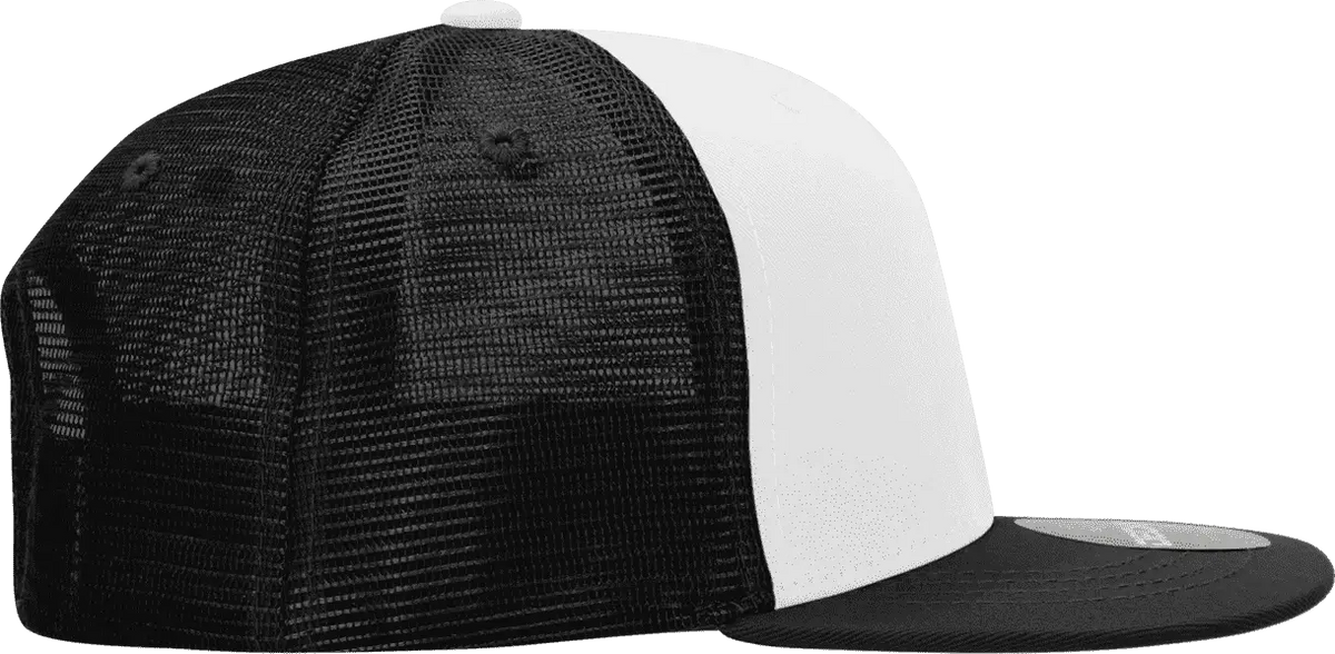 Decky 1052 6 Panel Flat Bill Trucker Cap - Black White - one Size Fits Most
