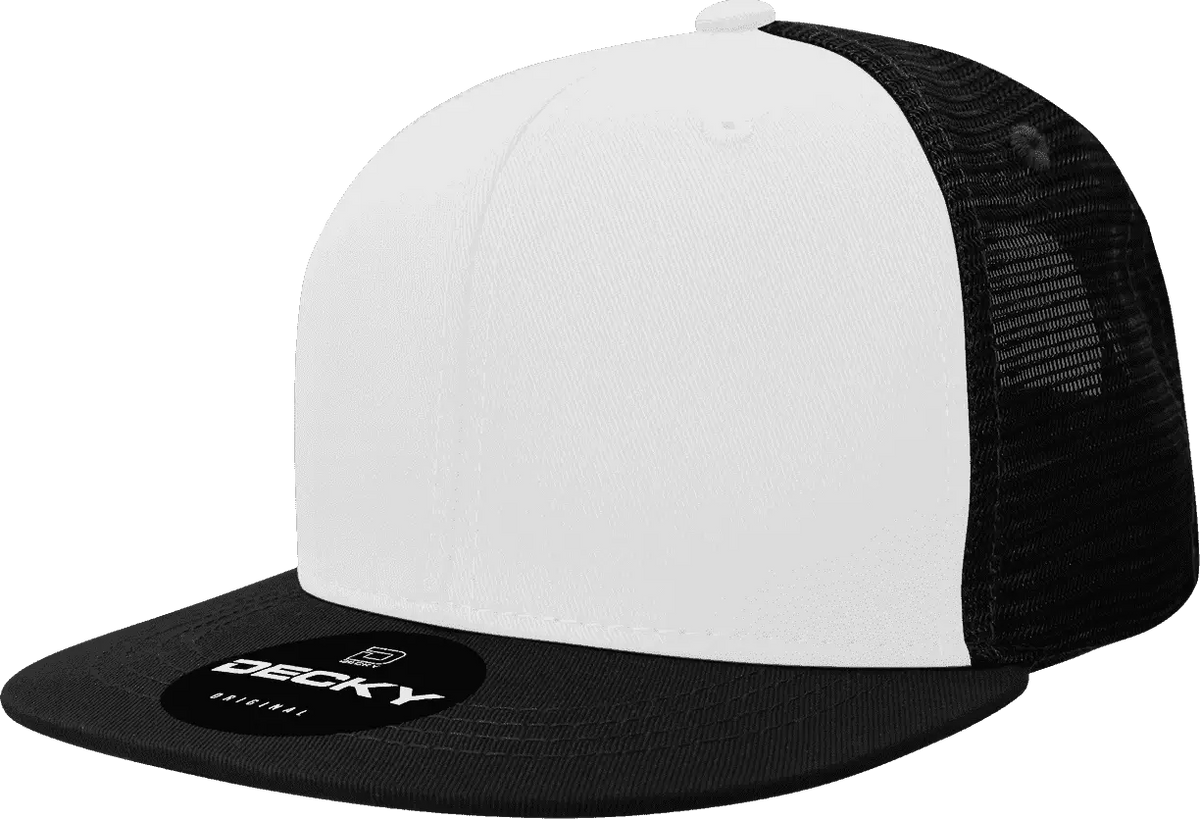 Decky 1052 6 Panel Flat Bill Trucker Cap - Black White - one Size Fits Most