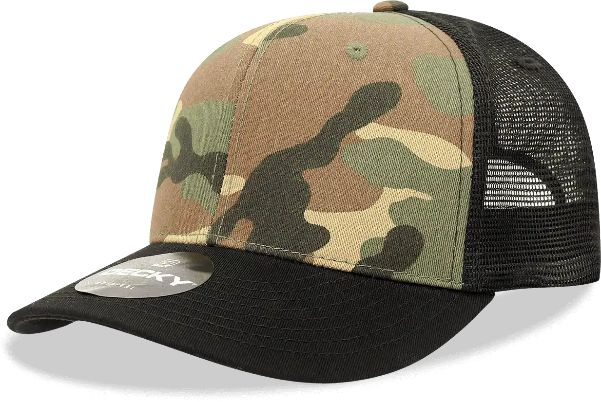 Decky 1054 Cotton Curve Billl Trucker Cap - Black Woodland Camo - one Size Fits Most