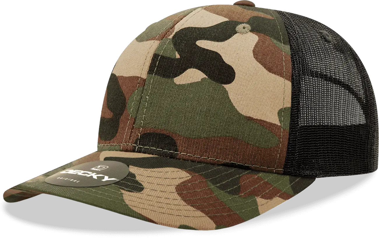 Decky 1054 Cotton Curve Billl Trucker Cap - Woodland Camo Black