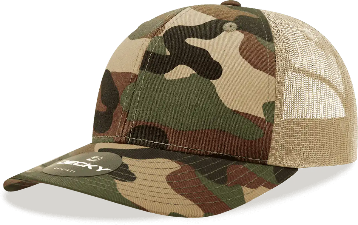 Decky 1054 Cotton Curve Billl Trucker Cap Woodland Camo Khanki / one Size Fits Most