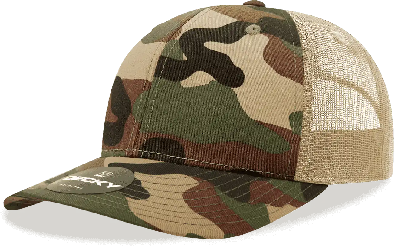 Decky 1054 Cotton Curve Billl Trucker Cap Woodland Camo Khanki / one Size Fits Most