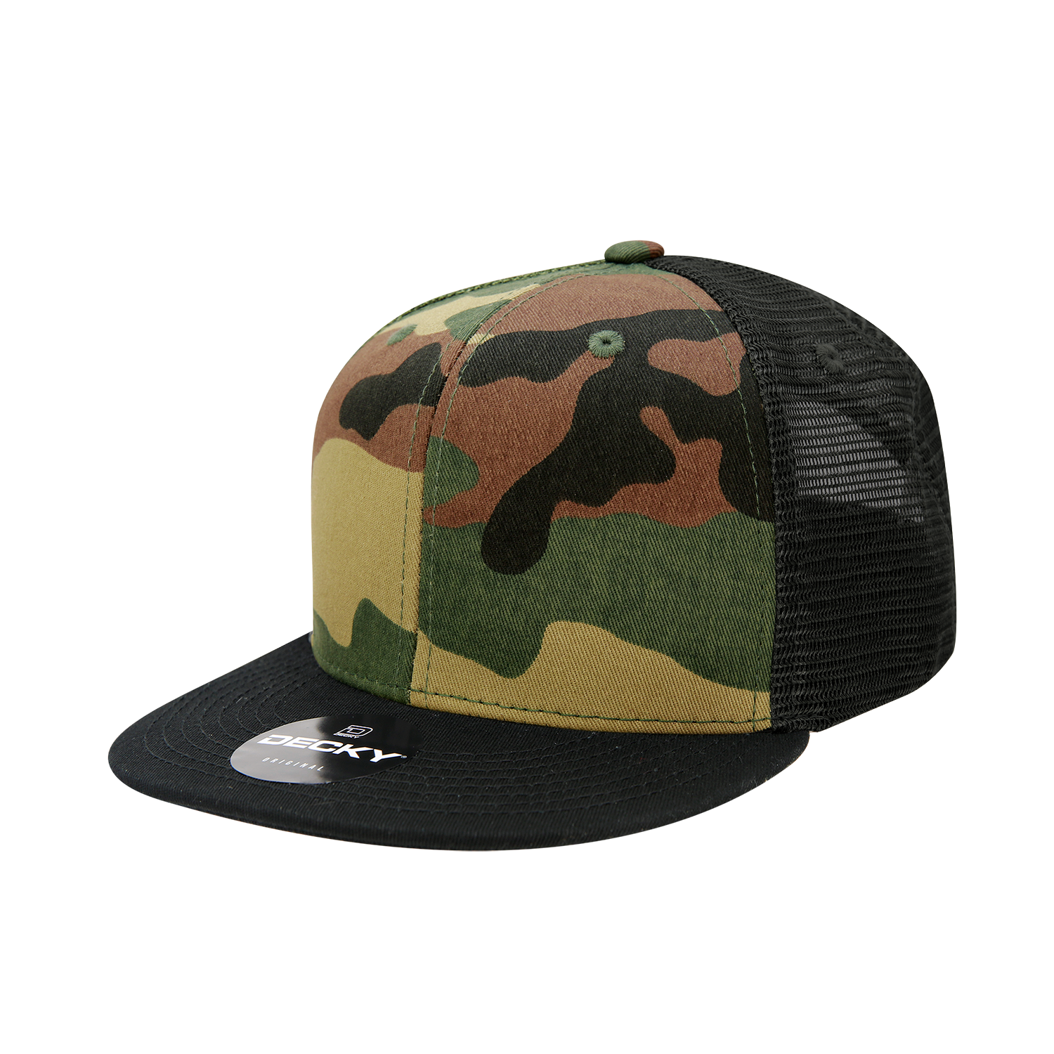 Decky 1055 Camo Flat Bill Trucker Cap - Black Woodland