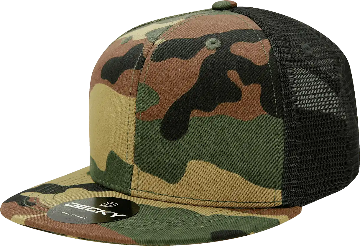 Decky 1055 Cotton Flat Bill Trucker Cap Woodland Camo Black Muti Color / one Size Fits Most