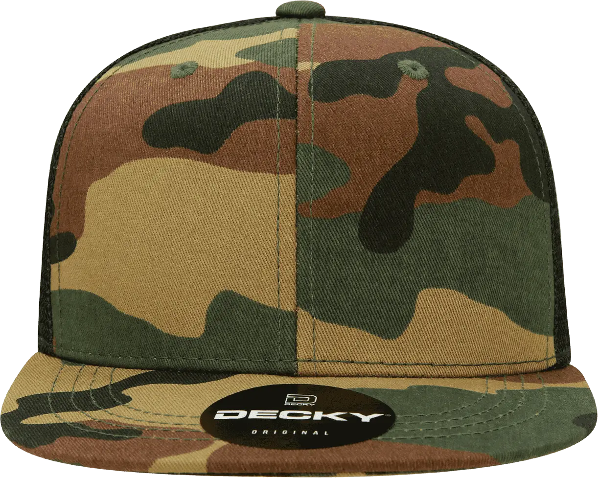 Decky 1055 Cotton Flat Bill Trucker Cap - Woodland Camo Black