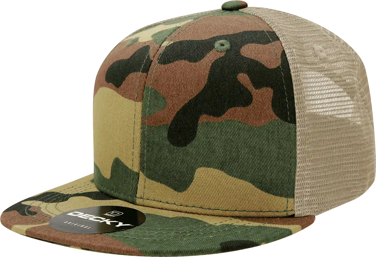 Decky 1055 Cotton Flat Bill Trucker Cap Woodland Camo Khanki / one Size Fits Most
