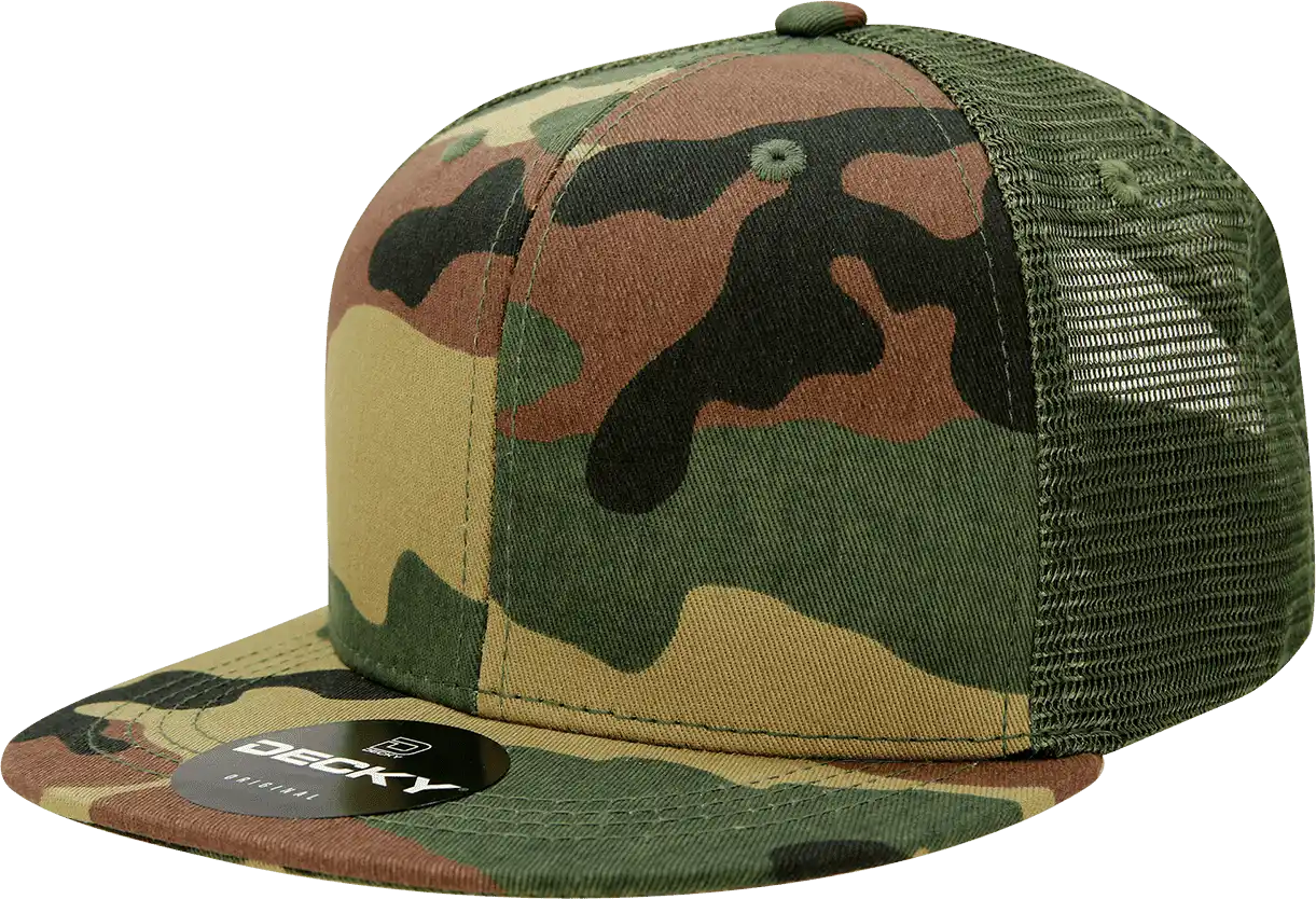 Decky 1055 Cotton Flat Bill Trucker Cap - Woodland Olive - one Size Fits Most