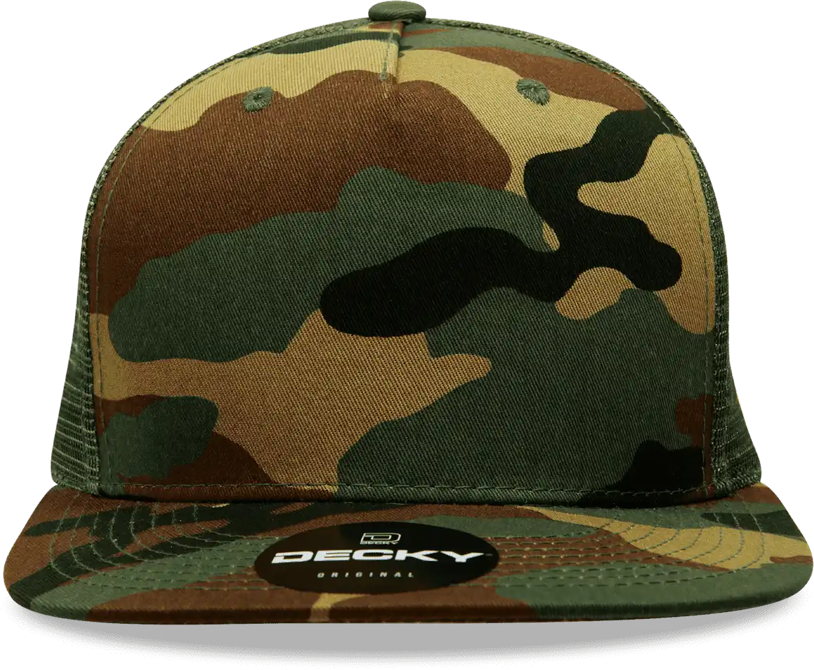 Decky 1063 10 Panel Flat Bill Trucker Cap - Woodland Camo - one Size Fits Most