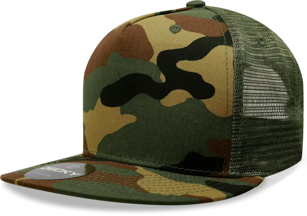 Decky 1063 10 Panel Flat Bill Trucker Cap - Woodland Camo - one Size Fits Most