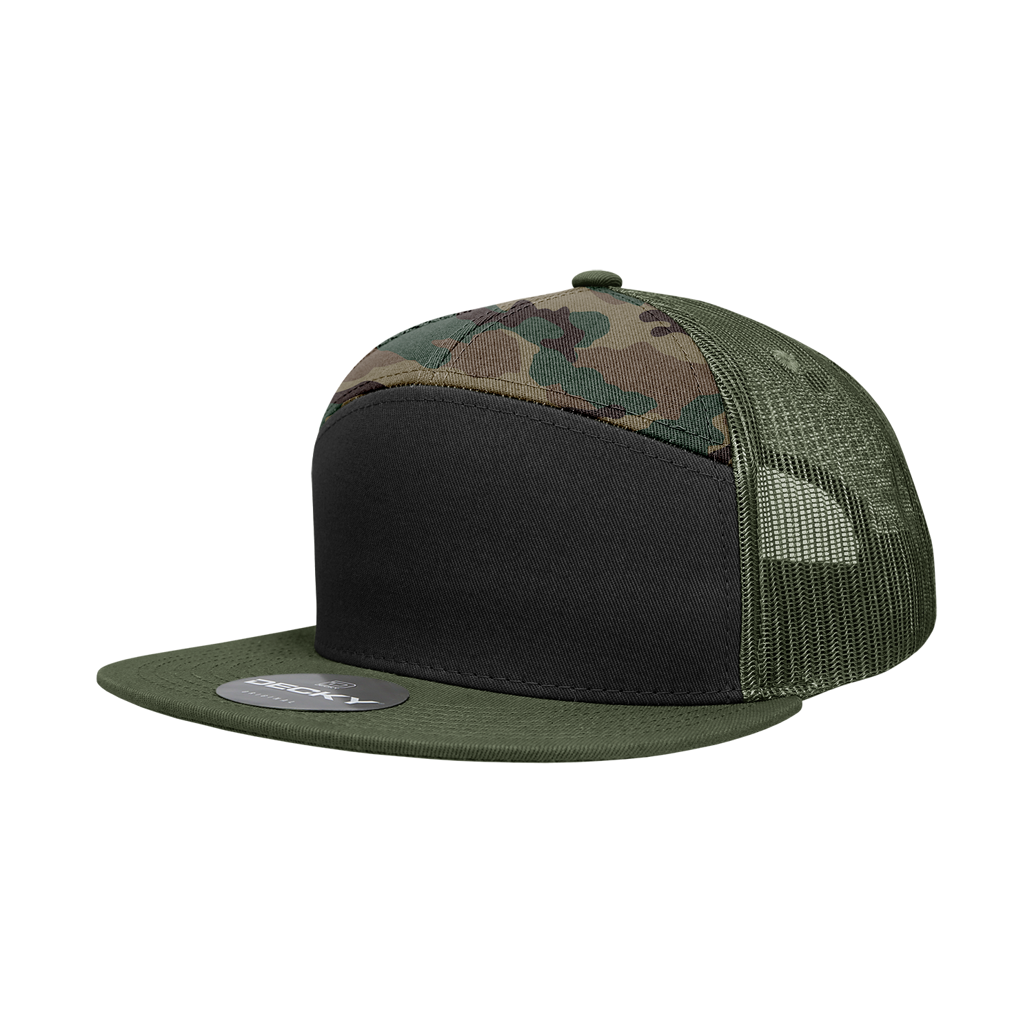 Decky 1133 7 Panel Trucker Cap - Black Woodland Olive