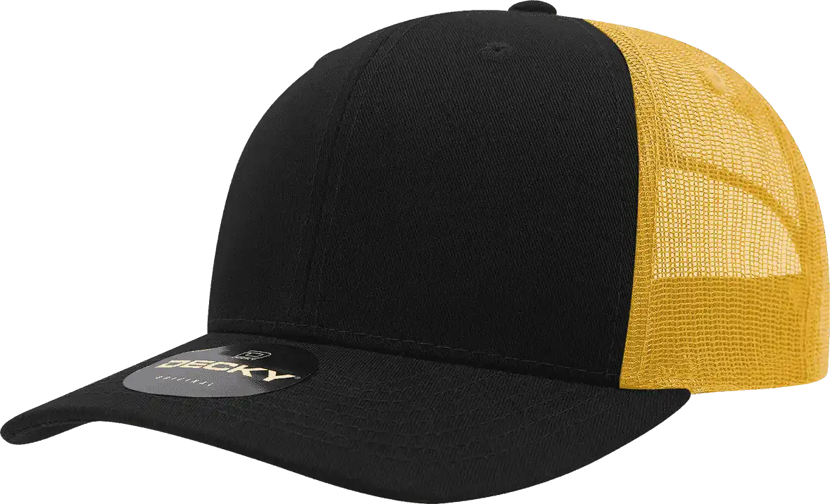 Decky 6021 Mid Profile 6 Panel Poly Cotton Trucker Cap - Black Gold - one Size Fits Most