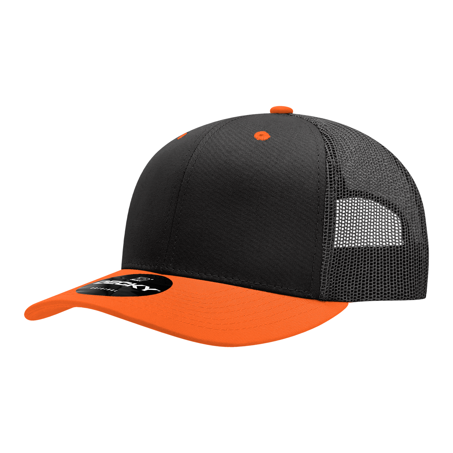 Decky 6021 Mid Profile 6 Panel Poly Cotton Trucker Cap - Black Orange