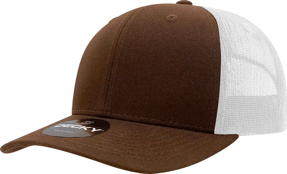 Decky 6021 Mid Profile 6 Panel Poly Cotton Trucker Cap Brown White / one Size Fits Most