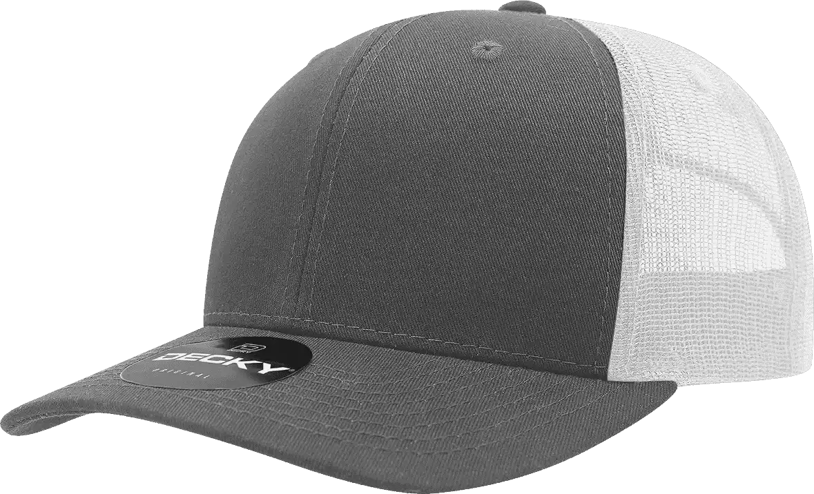 Decky 6021 Mid Profile 6 Panel Poly Cotton Trucker Cap Charcoal White Dark Gray / one Size Fits Most