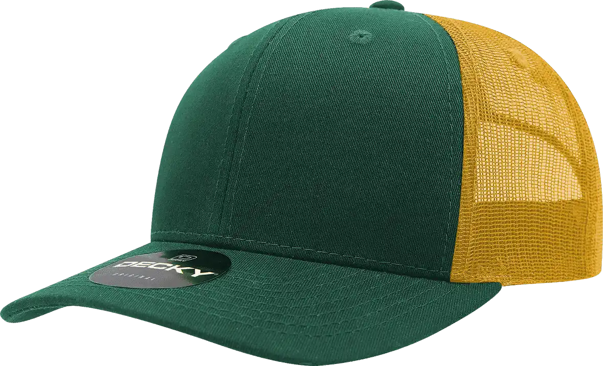 Decky 6021 Mid Profile 6 Panel Poly Cotton Trucker Cap Forest Gold / one Size Fits Most