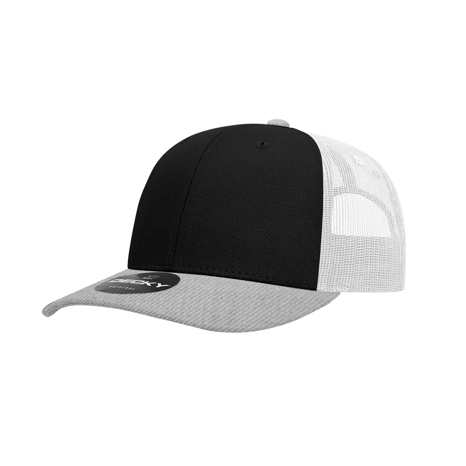 Decky 6021 Mid Profile 6 Panel Poly Cotton Trucker Cap - Heather Grey Black White