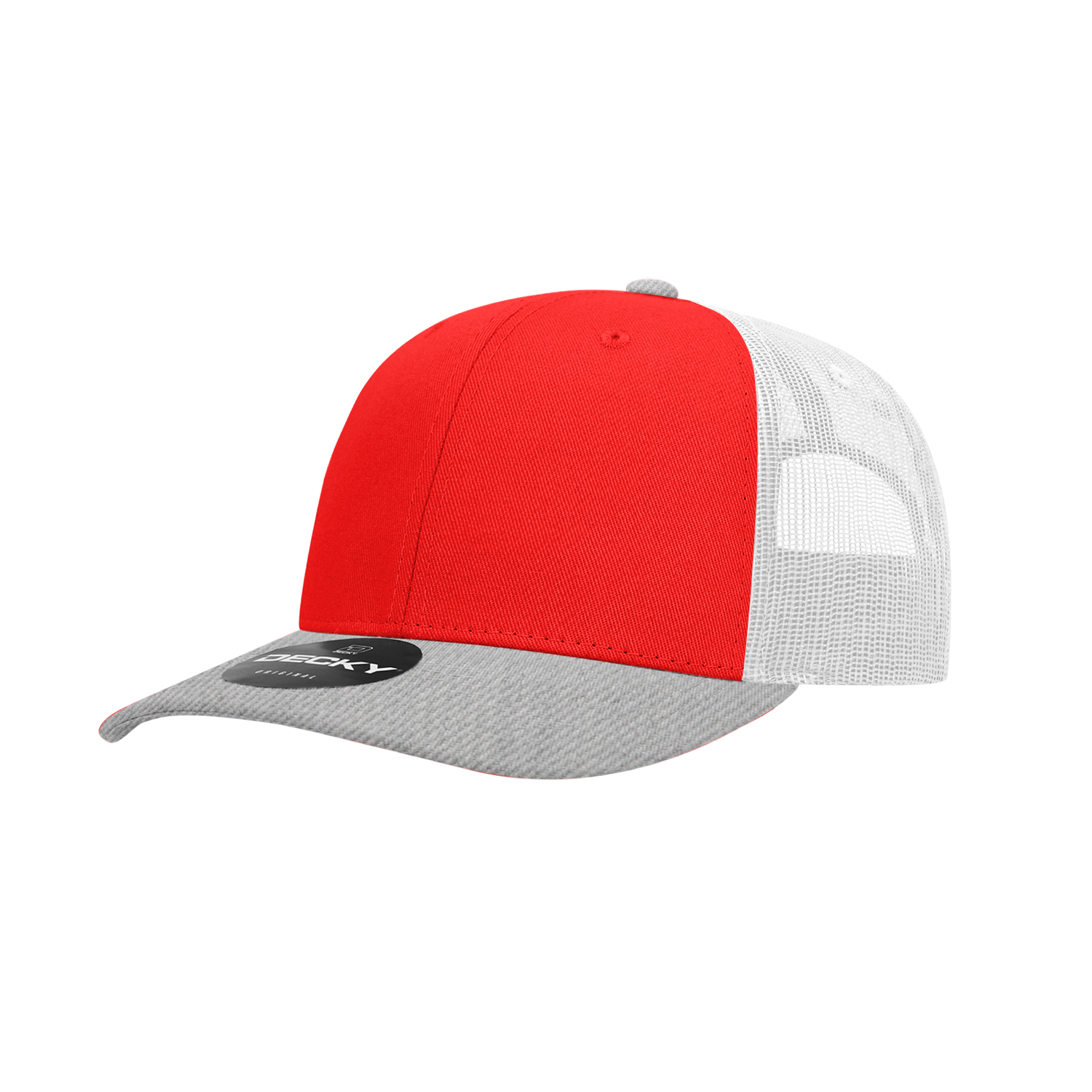 Decky 6021 Mid Profile 6 Panel Poly Cotton Trucker Cap - Heather Grey Red White