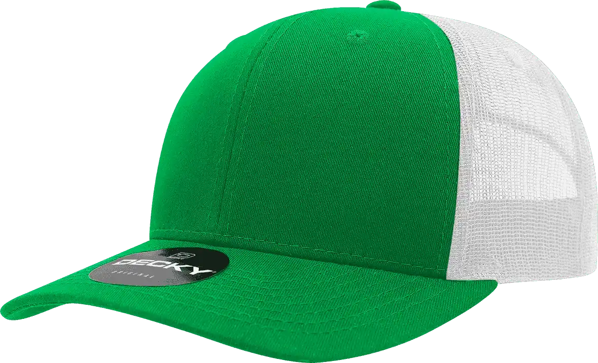 Decky 6021 Mid Profile 6 Panel Poly Cotton Trucker Cap Kelly White / one Size Fits Most