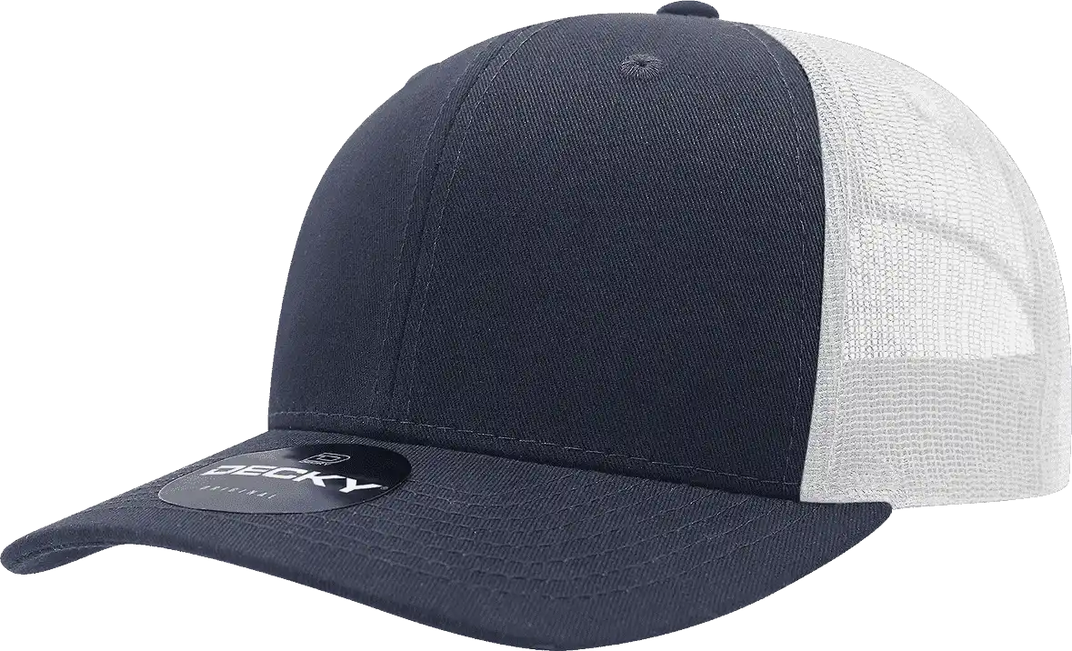 Decky 6021 Mid Profile 6 Panel Poly Cotton Trucker Cap Navy White / one Size Fits Most