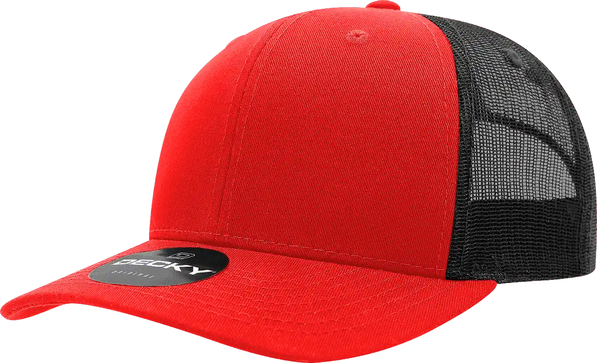 Decky 6021 Mid Profile 6 Panel Poly Cotton Trucker Cap - Red Black - one Size Fits Most