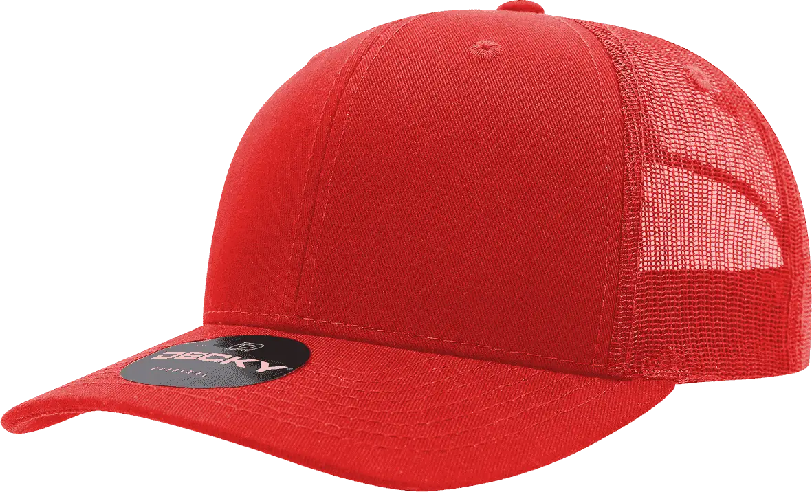 Decky 6021 Mid Profile 6 Panel Poly Cotton Trucker Cap - Red - one Size Fits Most