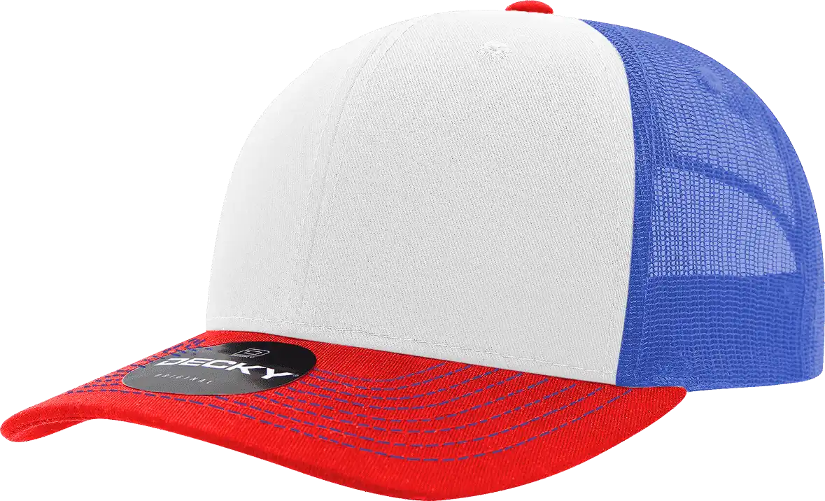 Decky 6021 Mid Profile 6 Panel Poly Cotton Trucker Cap - Red White Royal - one Size Fits Most