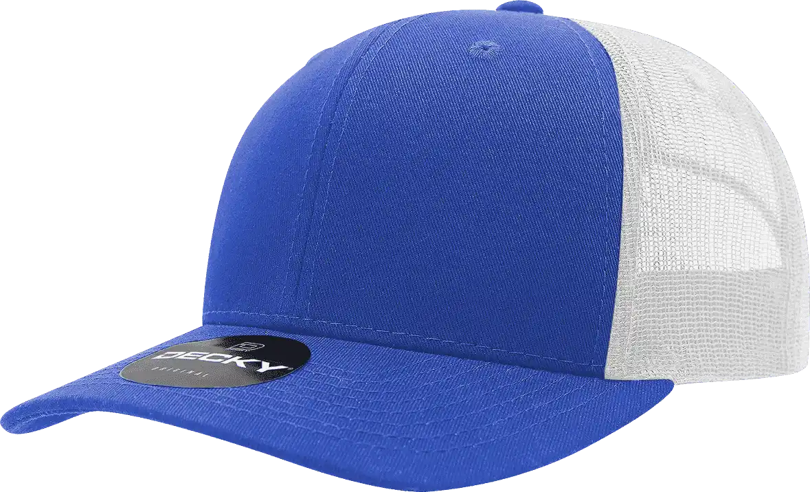 Decky 6021 Mid Profile 6 Panel Poly Cotton Trucker Cap - Royal White - one Size Fits Most