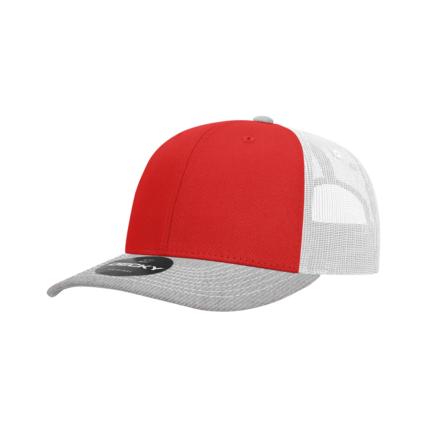 Decky 6031 6 Panel Mid Profile Structured Contra-stitch Trucker - Heather Grey Red White