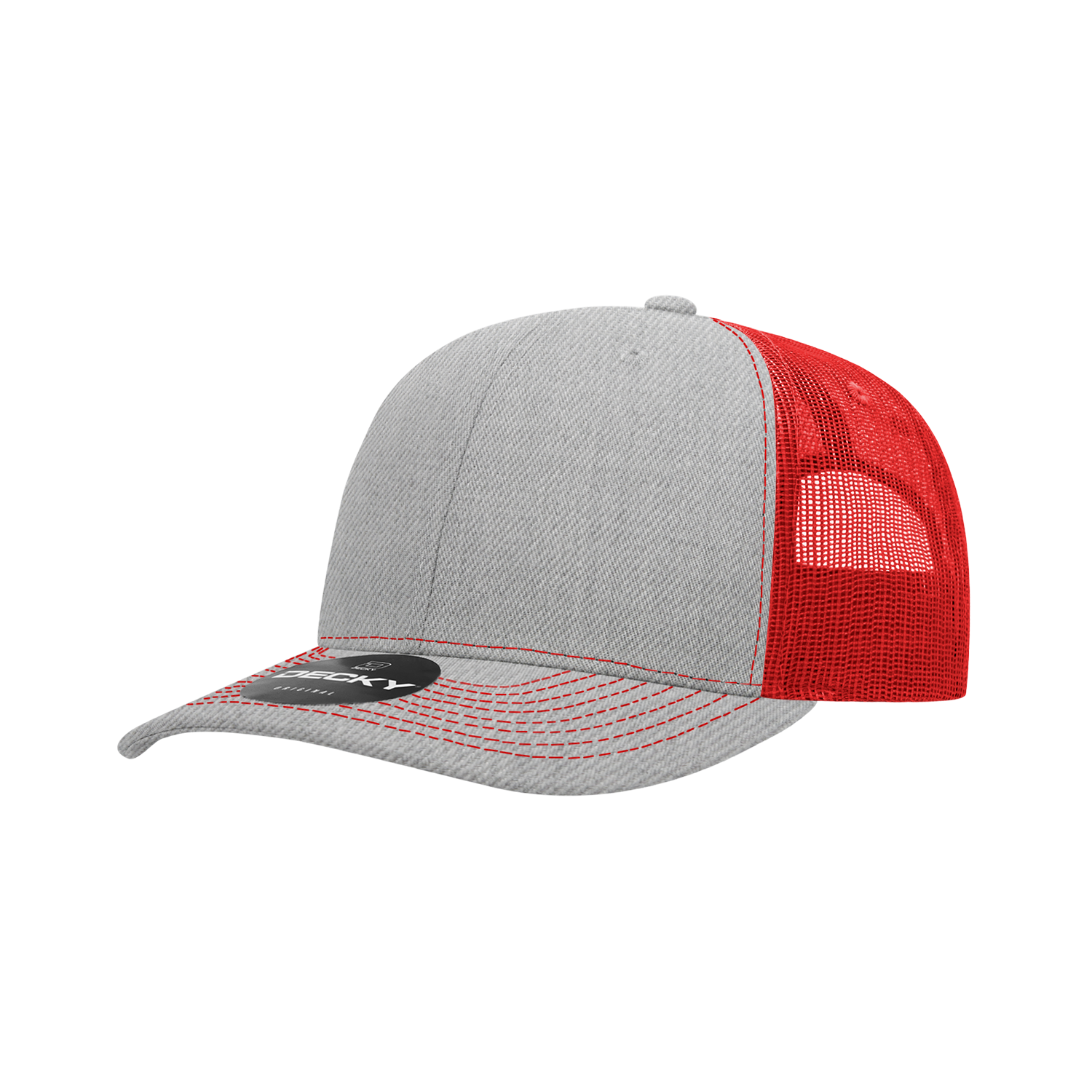 Decky 6031 6 Panel Mid Profile Structured Contra-stitch Trucker - Heather Grey Red