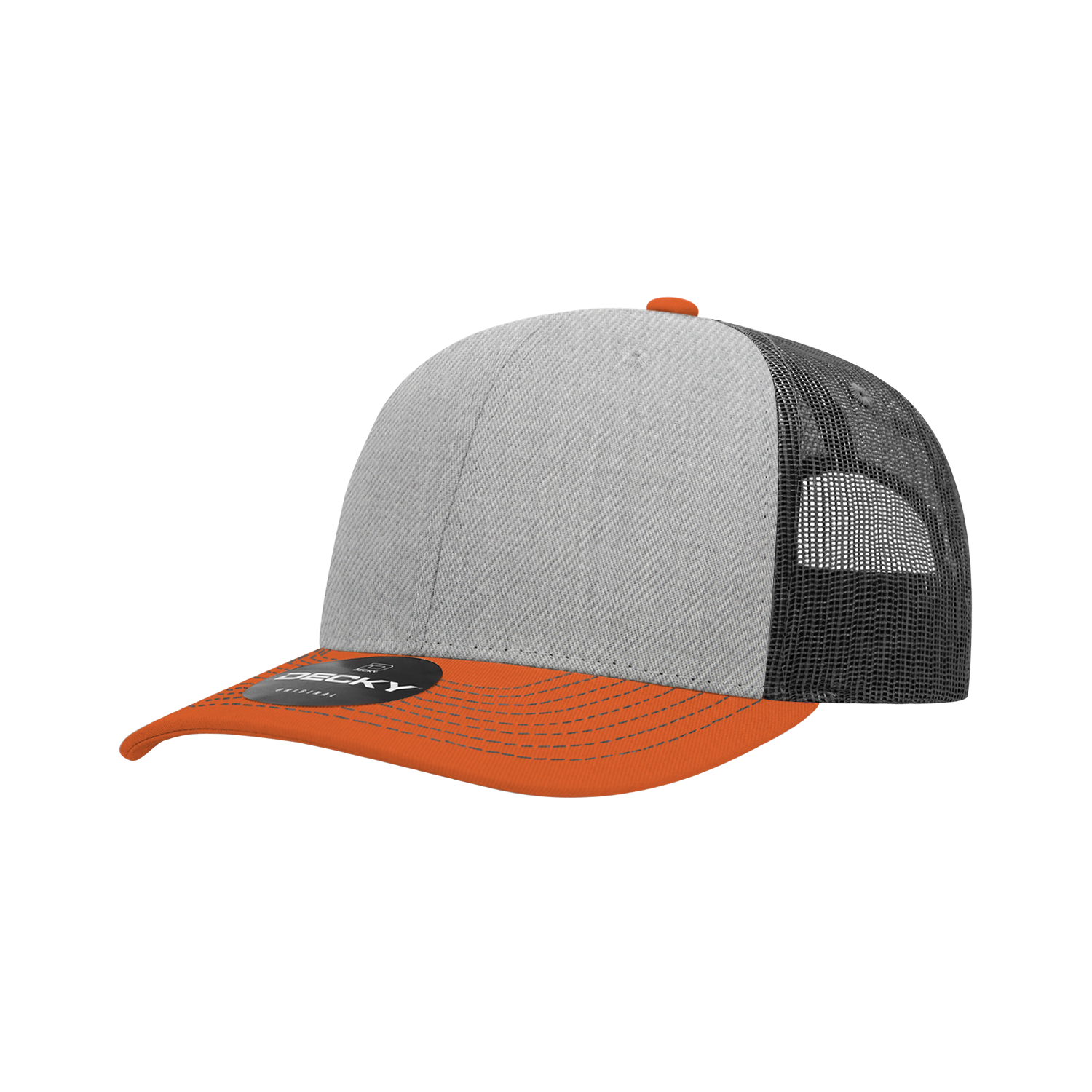 Decky 6031 6 Panel Mid Profile Structured Contra-stitch Trucker - Burnt Orange Heather Grey Charcoal