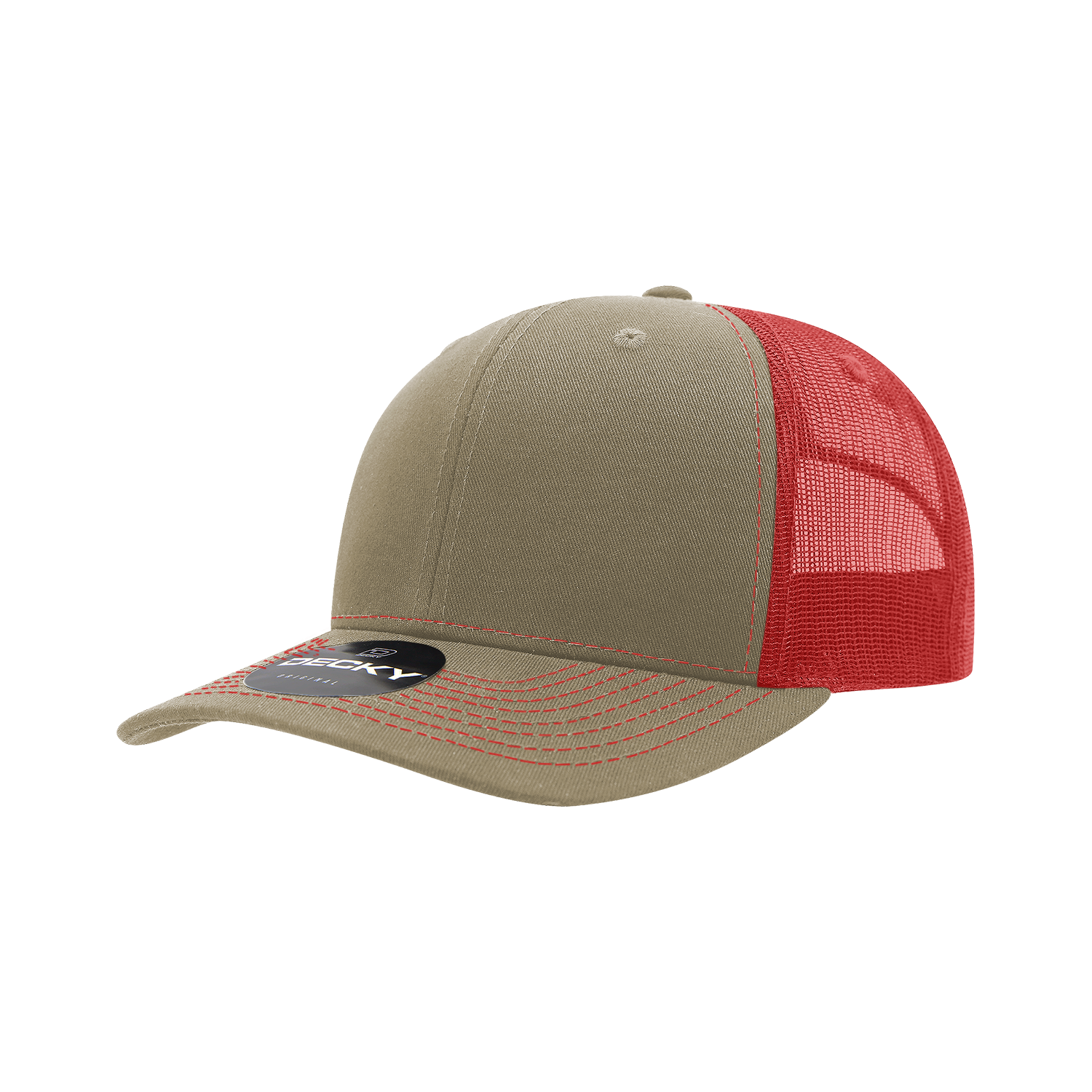 Decky 6031 6 Panel Mid Profile Structured Contra-stitch Trucker - Khaki Cardinal