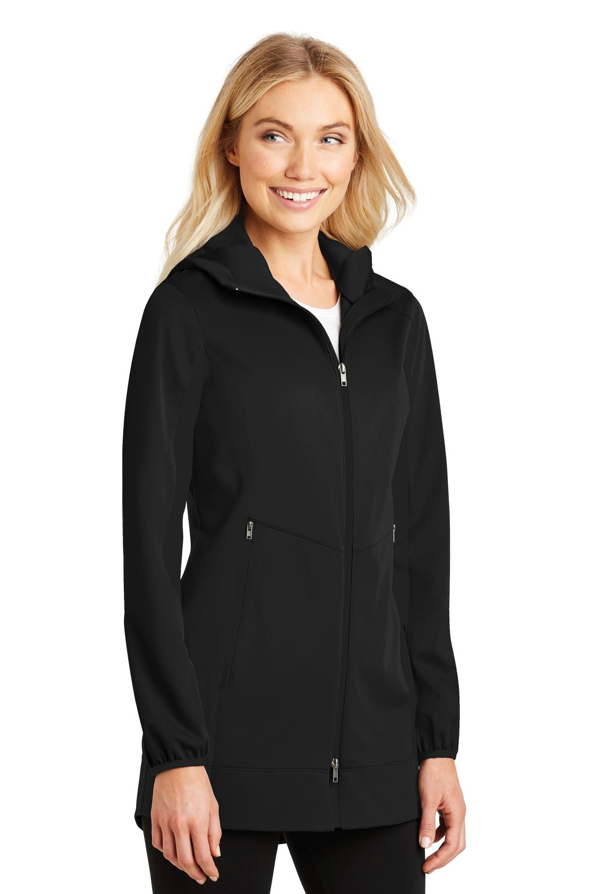 Deep Black Port Authority Women's Active Hooded Soft Shell Jacket. L719