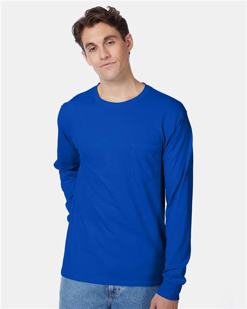 Front View of Deep Royal Authentic Long Sleeve Pocket T-Shirt - 5596