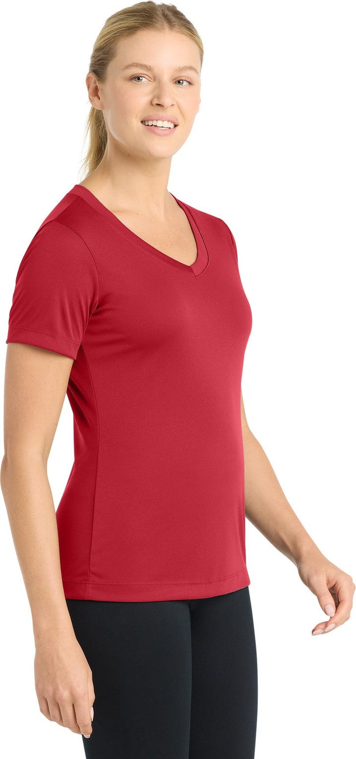 DeepRed Sport-Tek Women's PosiCharge Competitor V-Neck Tee. LST353