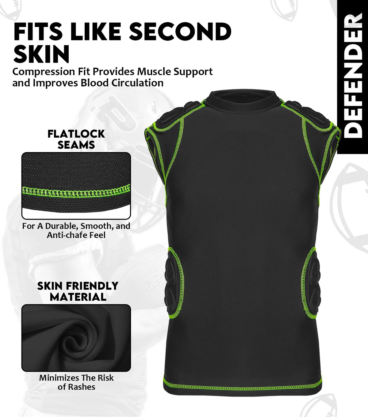 Defender 5 Pads Boys Football Compression Shirt Black (youth)