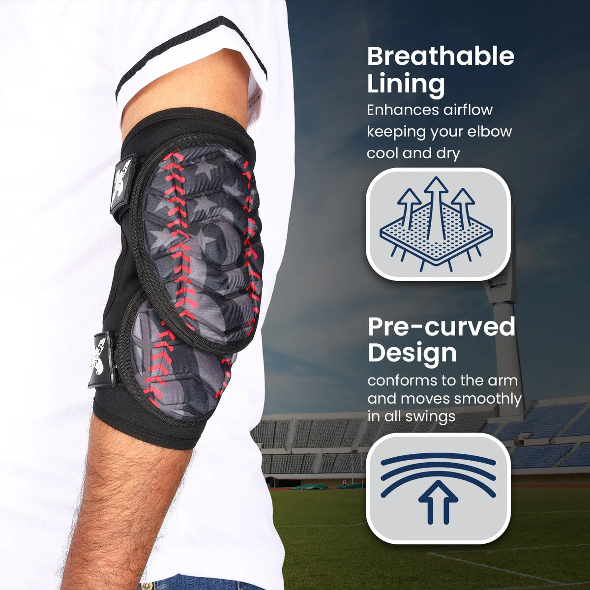 Defender Plus Baseball Elbow Guard with Adjustable Straps (black Flag)-adult