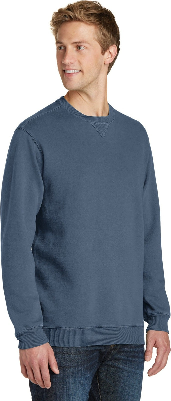 Denim Blue Port & Co Beach Wash Garment-Dyed Crewneck Sweatshirt PC098