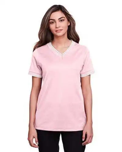 Devon & Jones Dg20cw Ladies’ Crownlux Performance Plaited Tipped v Neck Polo Pink White