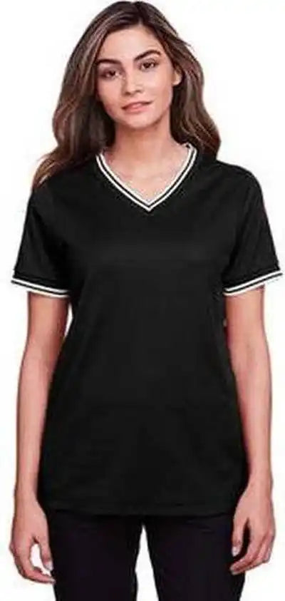 Devon &amp; Jones Dg20cw Ladies’ Crownlux Performance Plaited Tipped v Neck Polo Black White