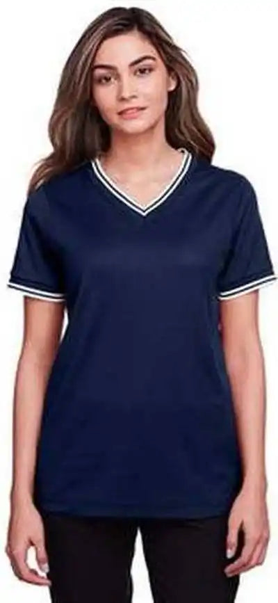 Devon & Jones Dg20cw Ladies’ Crownlux Performance Plaited Tipped V-neck Polo - Navy White